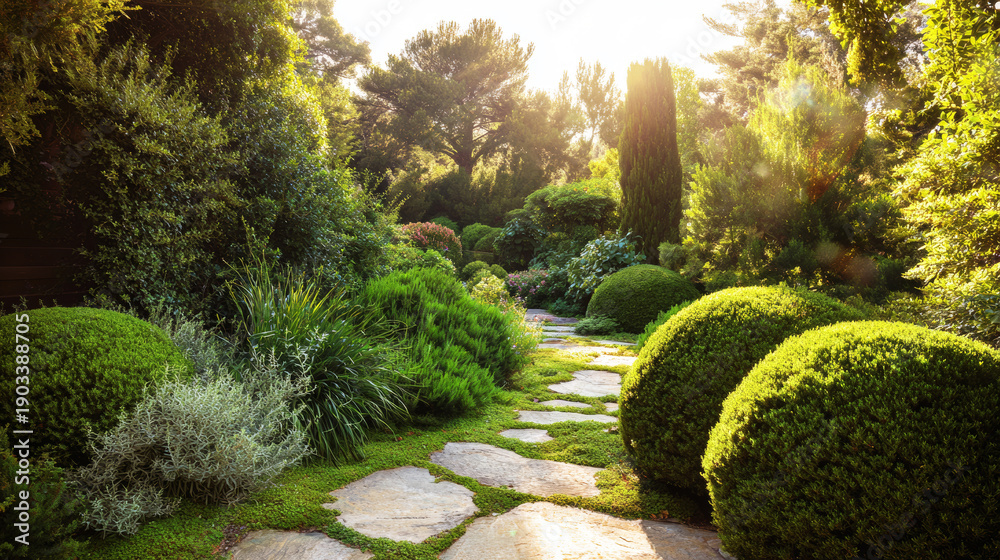 Obraz premium Lush green garden path winding through manicured hedges and vibrant plants under bright sunlight