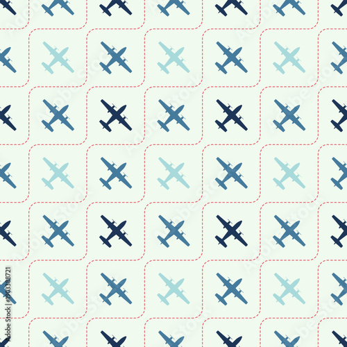 Modern Seamless Pattern of Blue Airplanes Navigating Dotted Routes, Ideal for Travel and Logistics Design