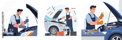 Flat vector illustration set of auto mechanics repairing and servicing cars. Male mechanics wearing work uniforms and gloves, checking engines, replacing parts, tightening bolts, inspecting batteries