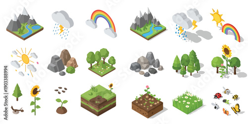 Isometric vector illustration set of nature and environment elements. Includes mountains, rivers, lakes, clouds, sun, rain, lightning, rainbow, rocks, trees, plants, soil, grass, flowers, sunflower