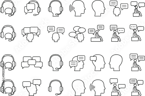 Communication line icons set, customer support headset, conversation speech bubbles, listening speaking people symbols, minimal outline vector illustration for business dialogue concepts