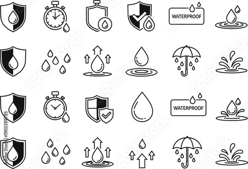 Waterproof protection line icon set, water drop and shield symbols, moisture resistant signs, liquid safety icons, rain protection outline vector
