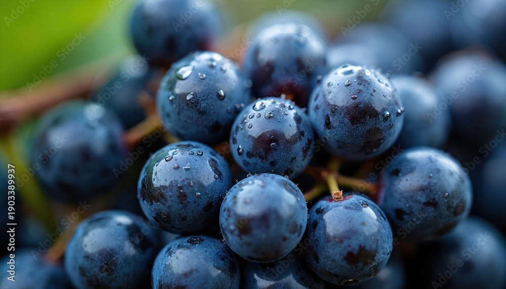 Obraz premium Macro shot of fresh dark blue Concord grapes covered in water droplets. Healthy fruit bunch shows fine detail on grape skin. Organic produce is ripe and wet.