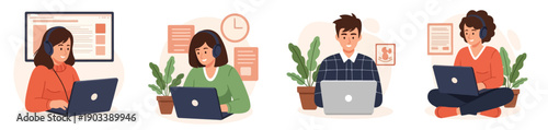 Flat vector illustration set of people working on laptops in cafés and home-office settings in a cozy modern cartoon style.