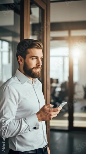 Successful Caucasian businessman in his 30s with a beard wearing a white shirt and using a smartphone in a modern office environment