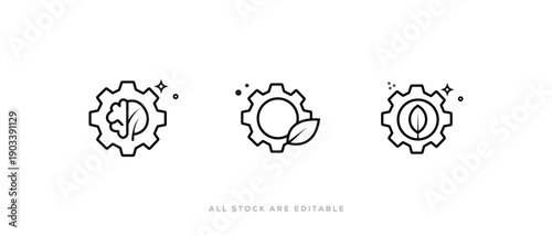Eco Technology Gear Icon. Sustainable Energy Symbol, Green Innovation Cogwheel, Clean Energy and Leaf Line Art Icon. Vector Illustration