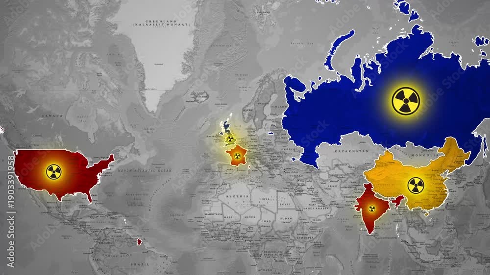 Global map animation of nuclear weapon powers and military threat zones ...