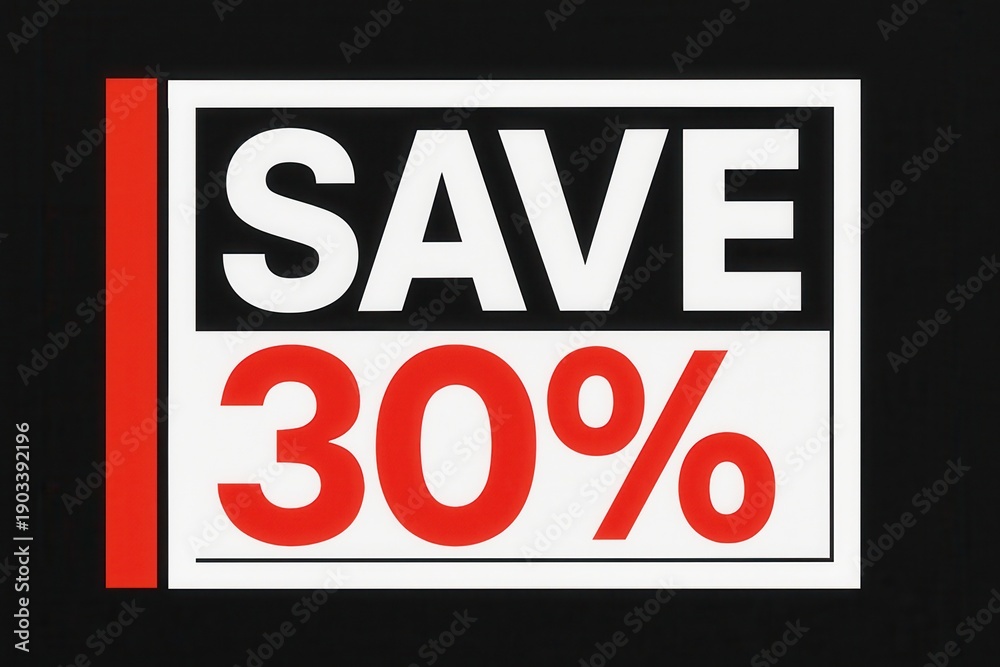 Fototapeta premium Save 30% discount offer banner, bold geometric style, impactful retail promotion design.