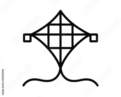 A simple black line drawing of a kite on a white background