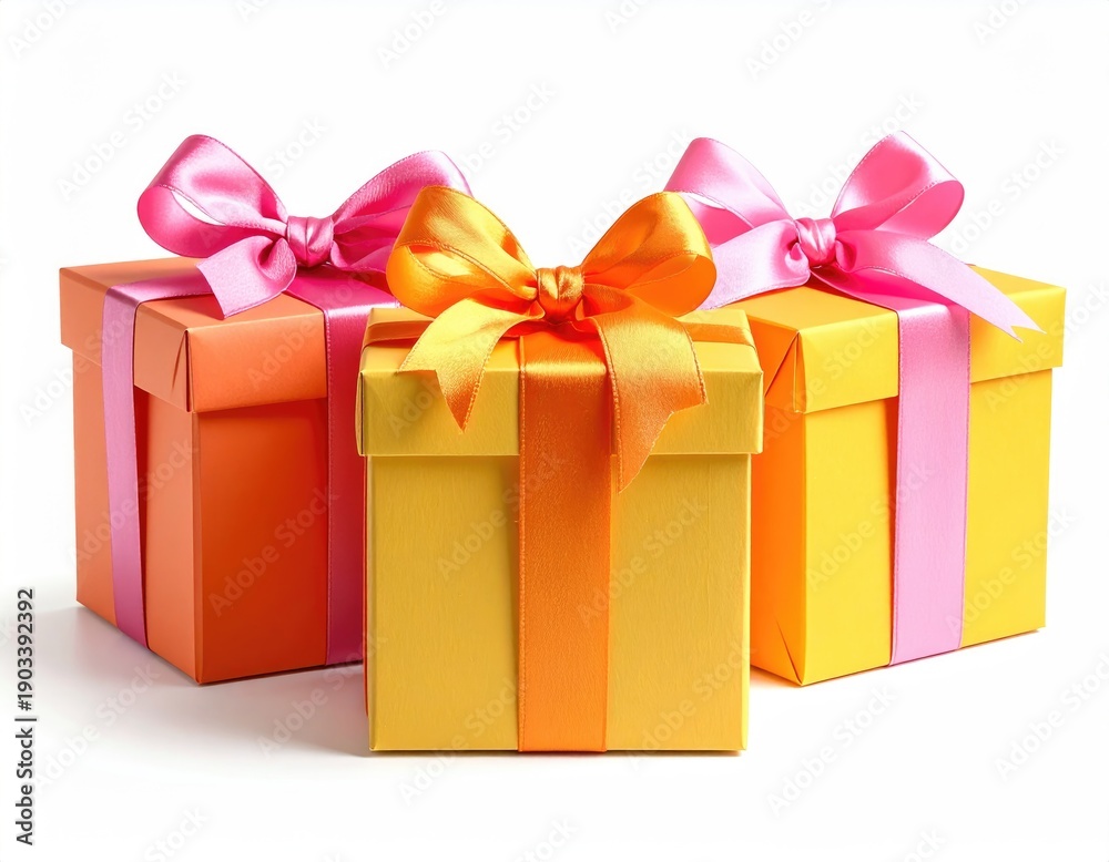 Obraz premium Three colorful wrapped boxes with ribbon bows