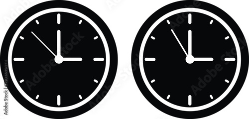 Analog clock silhouette icon set, two black faces with white hands showing different times, vector illustration, time-telling and education theme, isolated background