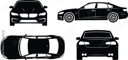 Car silhouette icon set, front side top and rear views of vehicle, black and white vector illustration, automotive design and transport theme, isolated background