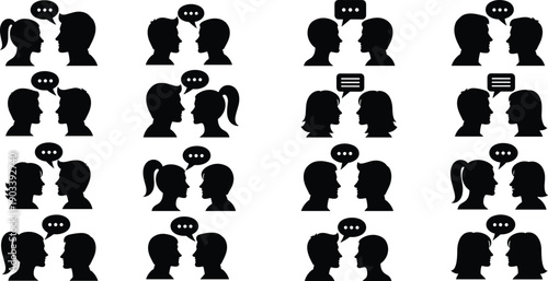 Conversation silhouette icon set, pairs of people with speech and thought bubbles, black vector illustration, communication and dialogue theme, isolated on white background