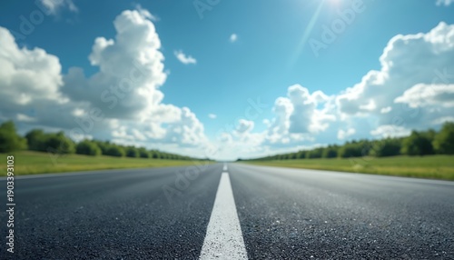 New asphalt road extends towards horizon under bright blue sky with fluffy white clouds. Green trees line both sides of empty highway leading to distance.