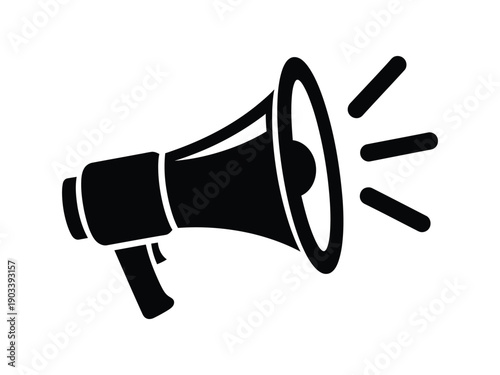 Black megaphone icon with radiating sound waves, representing announcement, promotion, or alert