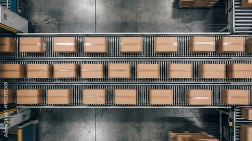 Automated factory conveyor belts transport brown cardboard boxes. Overhead view highlights efficient industrial logistics and modern supply chain operations