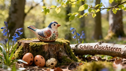 A traditional clay bird whistle and wild eggs on a mossy stump in a Luxembourg forest. Text carved in bark.