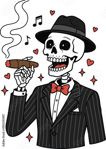 Dapper skeleton in a pinstripe suit and fedora smoking a cigar surrounded by hearts and musical notes