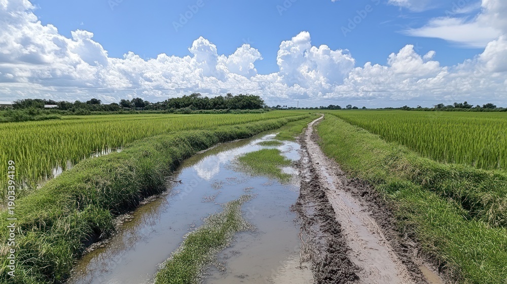 Fototapeta premium Rural farmland path amidst paddy fields under a vast sky