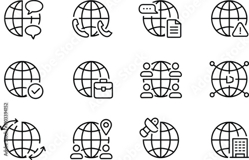 Worldwide connectivity and international business line icons with globe symbols representing global trade and media