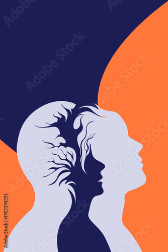 Surreal dual silhouettes man woman inner child tree mind, overthinking thoughts memories, minimalist mental health psychology abstract vector art