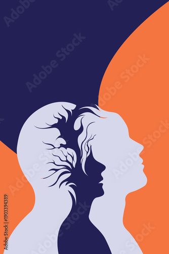 Surreal dual silhouettes man woman inner child tree mind, overthinking thoughts memories, minimalist mental health psychology abstract vector art