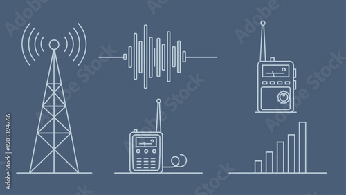 Communication technology icons: tower, radio, signal and graph