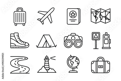 Set of travel and tourism line icons design on transparent background isolated on alpha channel