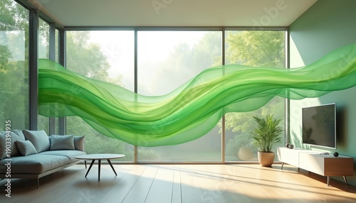 Green wavy abstract element floats in modern apartment with large windows showing trees. Clean air flows through living room creating fresh atmosphere. Home interior design concept for healthy