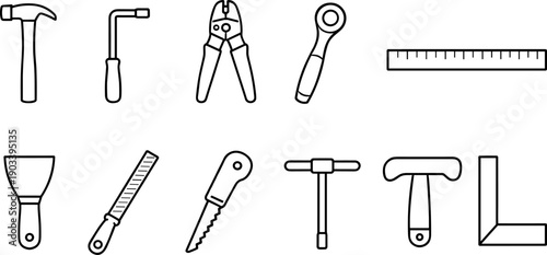 Collection of various hand tools and measuring instruments in a clean line art style
