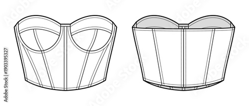 Sculpted Strapless Corset Top Technical Fashion Illustration. Structured Panelled Bodice with Contour Seaming. Modern Feminine Statement CAD Vector Template