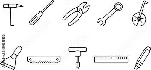 Collection of various hand tool icons in a clean line art style on white background