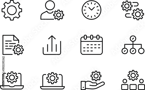 Set of black line process management icons on transparent background depicting settings and procedures