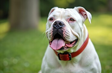 White American Bulldog dog looks forward, panting with tongue out. Large dog wears red collar, sits on green grass. Headshot portrait shows muscular build, friendly expression, intelligent eyes.
