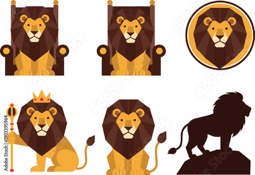 Royal Lion Illustration Set with King Crown Throne Emblems and Silhouette Majestic Wild Animal Character Designs