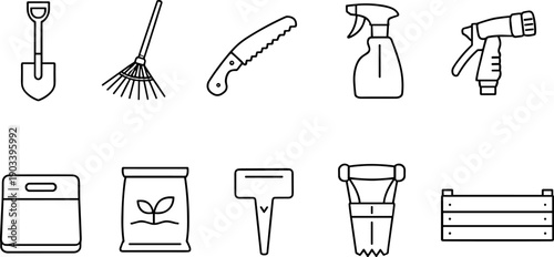 Collection of simple line art icons representing various gardening tools and supplies