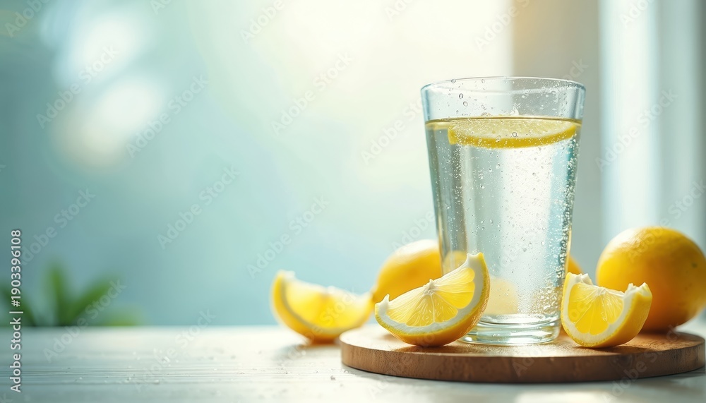 Fototapeta premium Fresh lemon drink with citrus slices in glass. Yellow fruits and water with bubbles create refreshment. Healthy beverage for hot summer day.