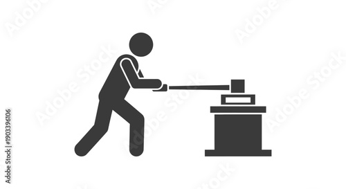 Stick figure worker forcefully hammering metal object on an anvil representing industrial labor and craftsmanship