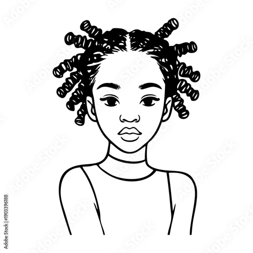 Dibujo sencillo con líneas de una chica joven de raza negra con camiseta y peinado afro 