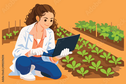 Female agronomist using a laptop to monitor plant growth in an agricultural field.