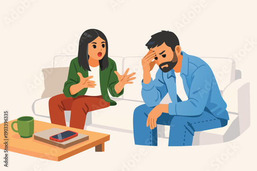 Woman comforting a stressed man sitting on a sofa in a living room.