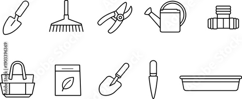 Collection of simple line art icons representing various gardening tools and supplies