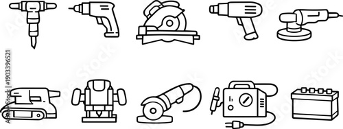 Collection of line art icons representing various power tools for construction and DIY projects