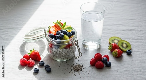 Fresh fruits and water on table.