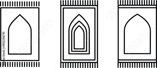 Islamic prayer rug line icons set with mosque arch mihrab patterns religious carpet symbols vector illustration design
