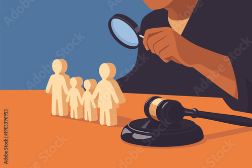 Legal gavel and small wooden figures being examined with a magnifying glass.