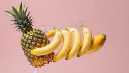 A surreal and playful composition of a pineapple and bananas flying through the air with a fresh water splash against a pink background ideal for creative and high-energy marketing.