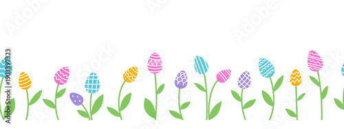 Easter eggs seamless banner. Colorful painted eggs grow like flowers. Spring holiday celebration.