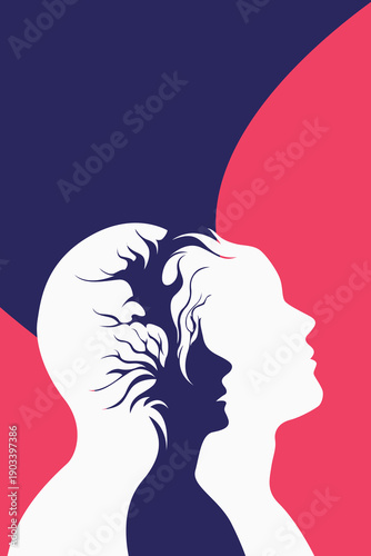 Bold surreal dual profiles man & woman inner child tree brain, overthinking thoughts memories, minimalist mental health psychology vector silhouette art
