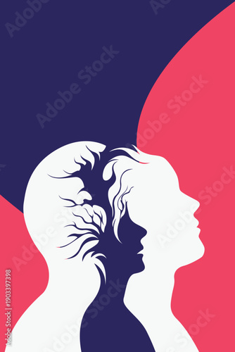Bold surreal dual profiles man & woman inner child tree brain, overthinking thoughts memories, minimalist mental health psychology vector silhouette art